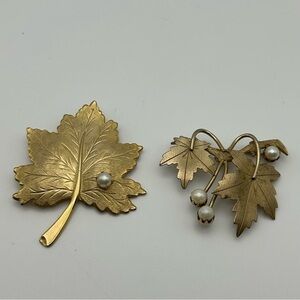 Set of Two Vintage Sarah Coventry Gold Tone Leaf Brooches with Faux Pearls